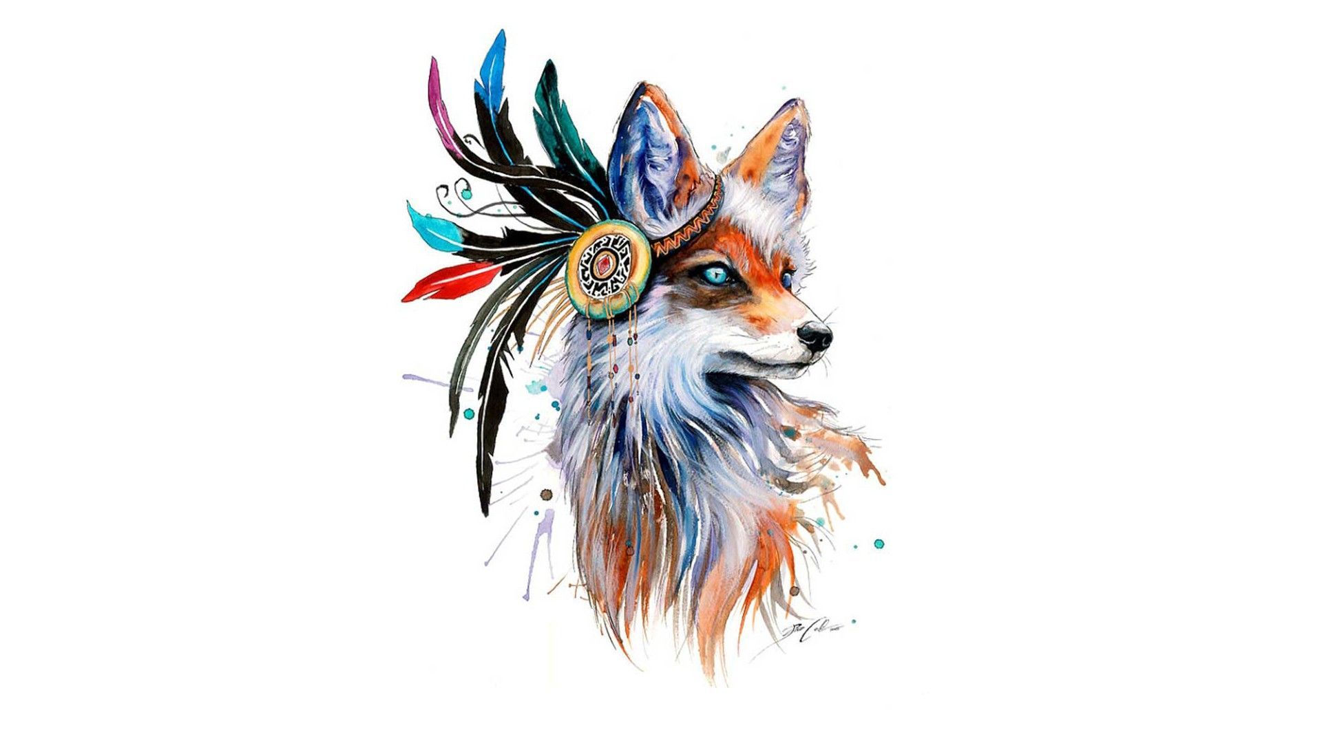 Watercolor painting of a fox wearing a headdress - Fox