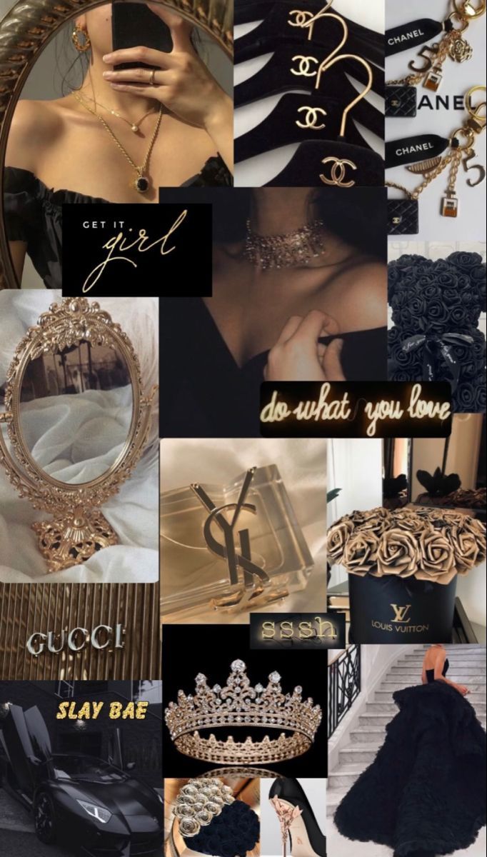 Aesthetic collage of gold and black items such as a crown, a purse, and a necklace. - Gold