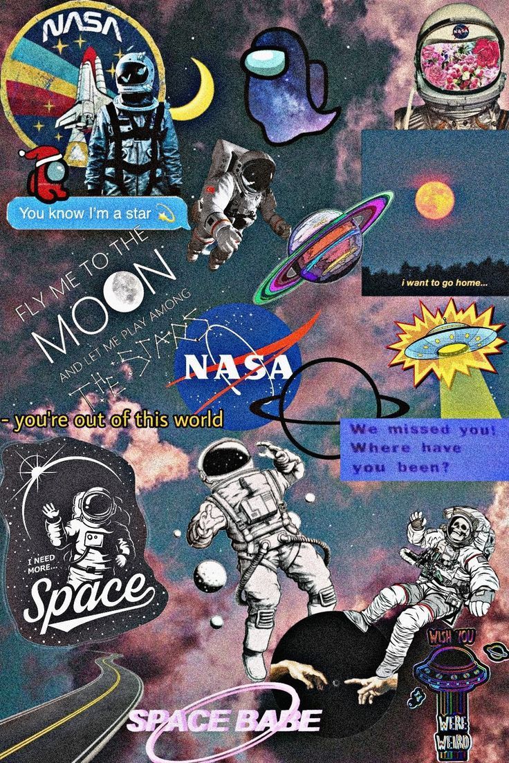 Aesthetic background of outer space with NASA stickers and astronaut stickers. - NASA