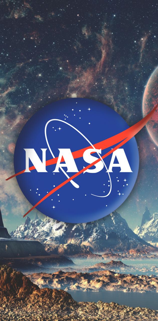 Nasa logo with a space ship flying over mountains - NASA