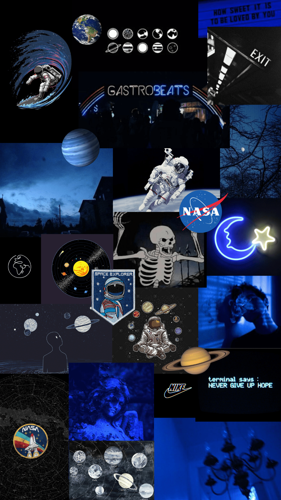 dark blue / black collage. Retro wallpaper iphone, iPhone wallpaper cat, Nasa wallpaper