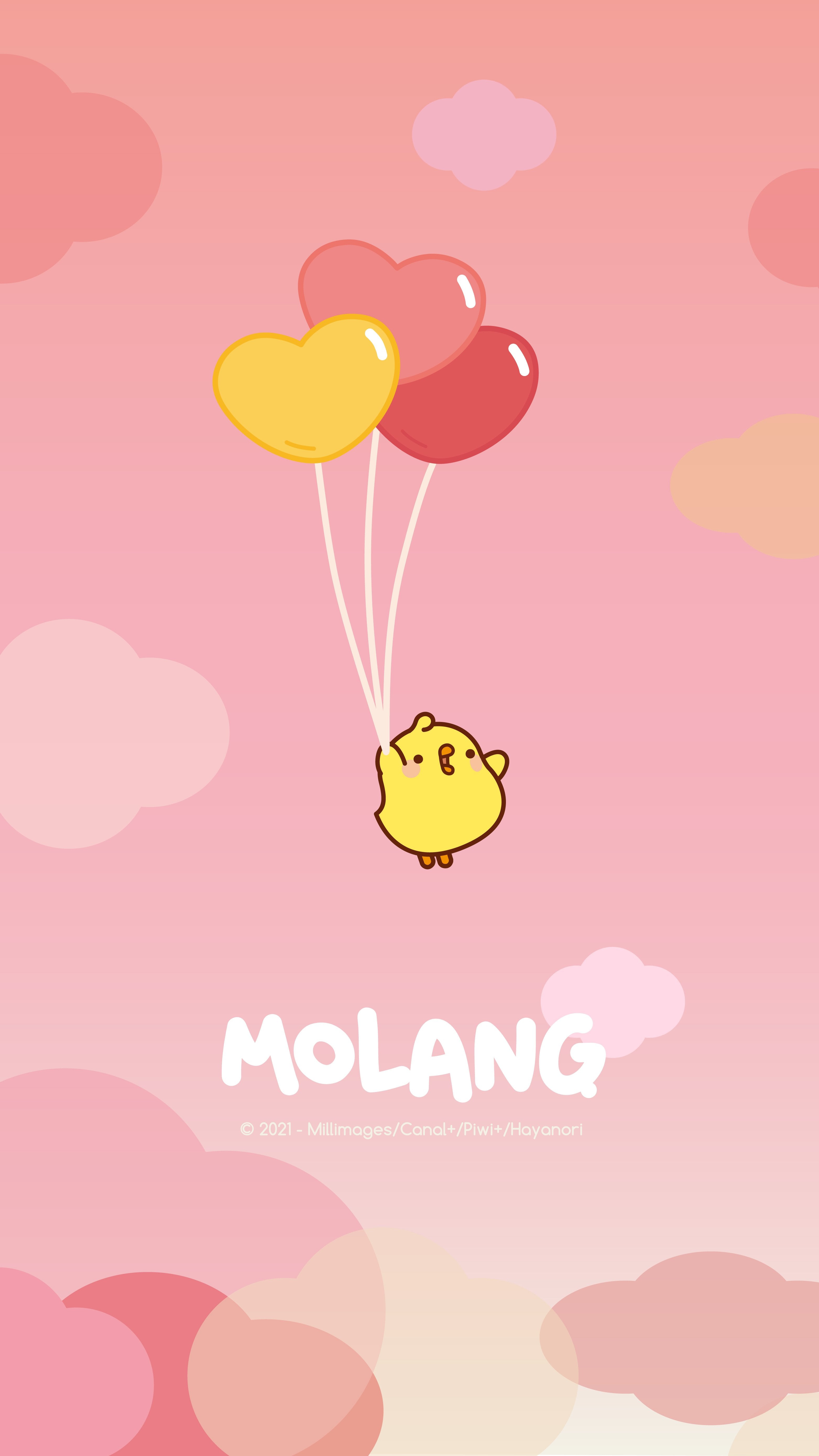 A cute cartoon bird flying with balloons - Molang