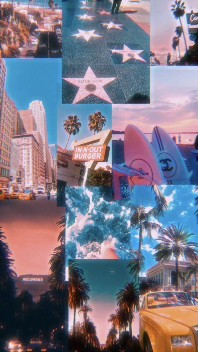 A collage of pictures with stars and palm trees - Las Vegas, California