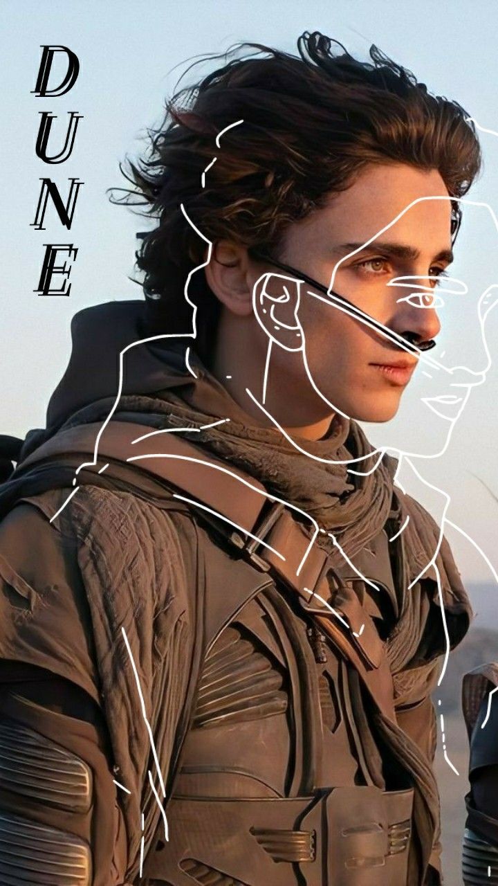 A movie poster for the film Dune, featuring a man in futuristic armor with a white outline around his face. - Timothee Chalamet