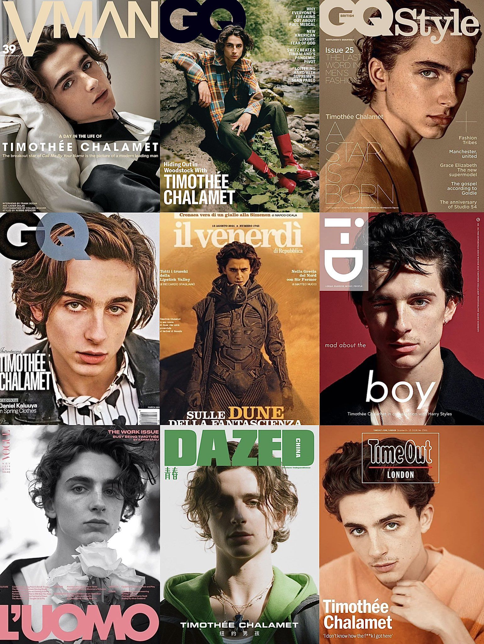 A collage of magazine covers featuring Timothee Chalamet. - Timothee Chalamet