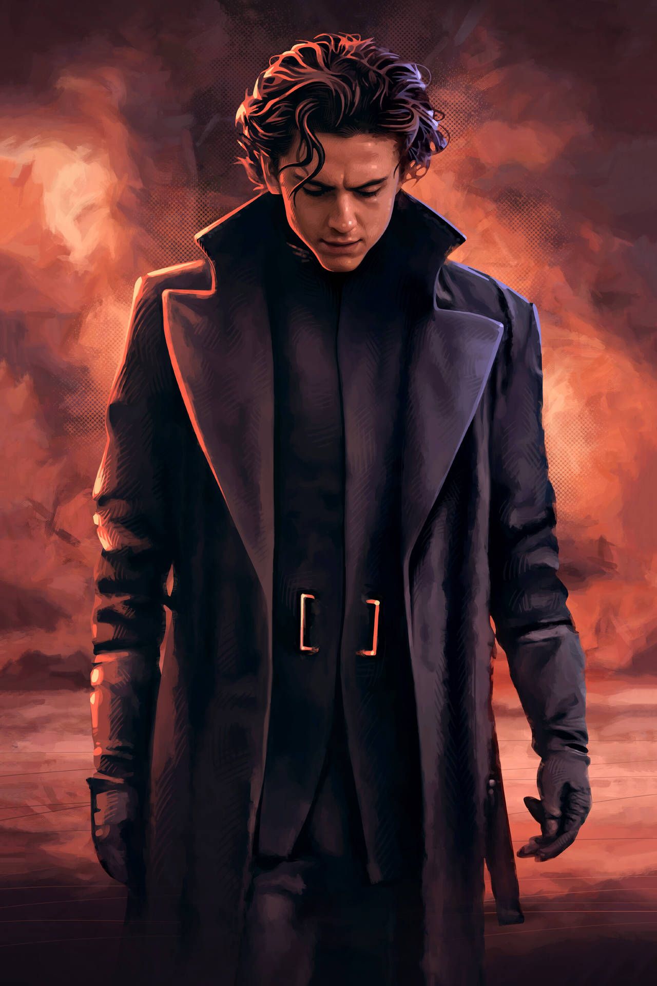 A digital painting of a man in a black trench coat standing in front of a red sky - Timothee Chalamet