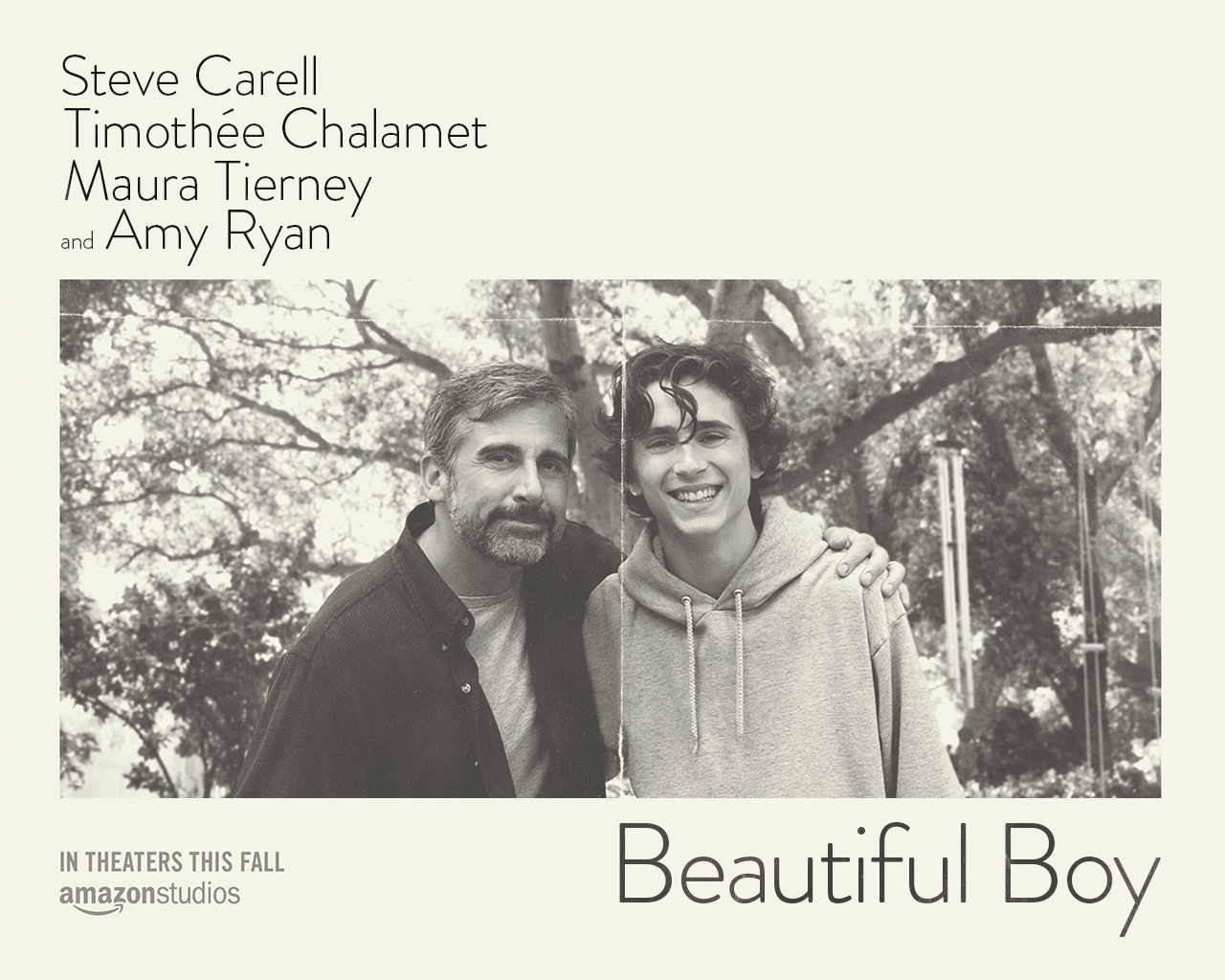 A black and white image of Steve Carell and Timothee Chalamet with the text 