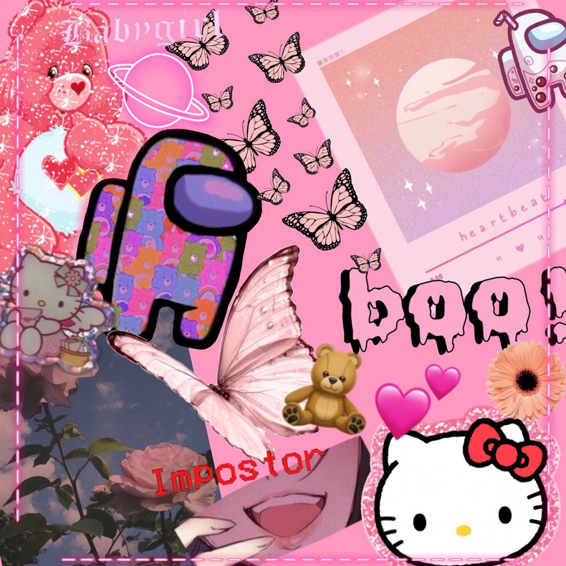 A collage of pictures with hello kitty and other characters - Among Us