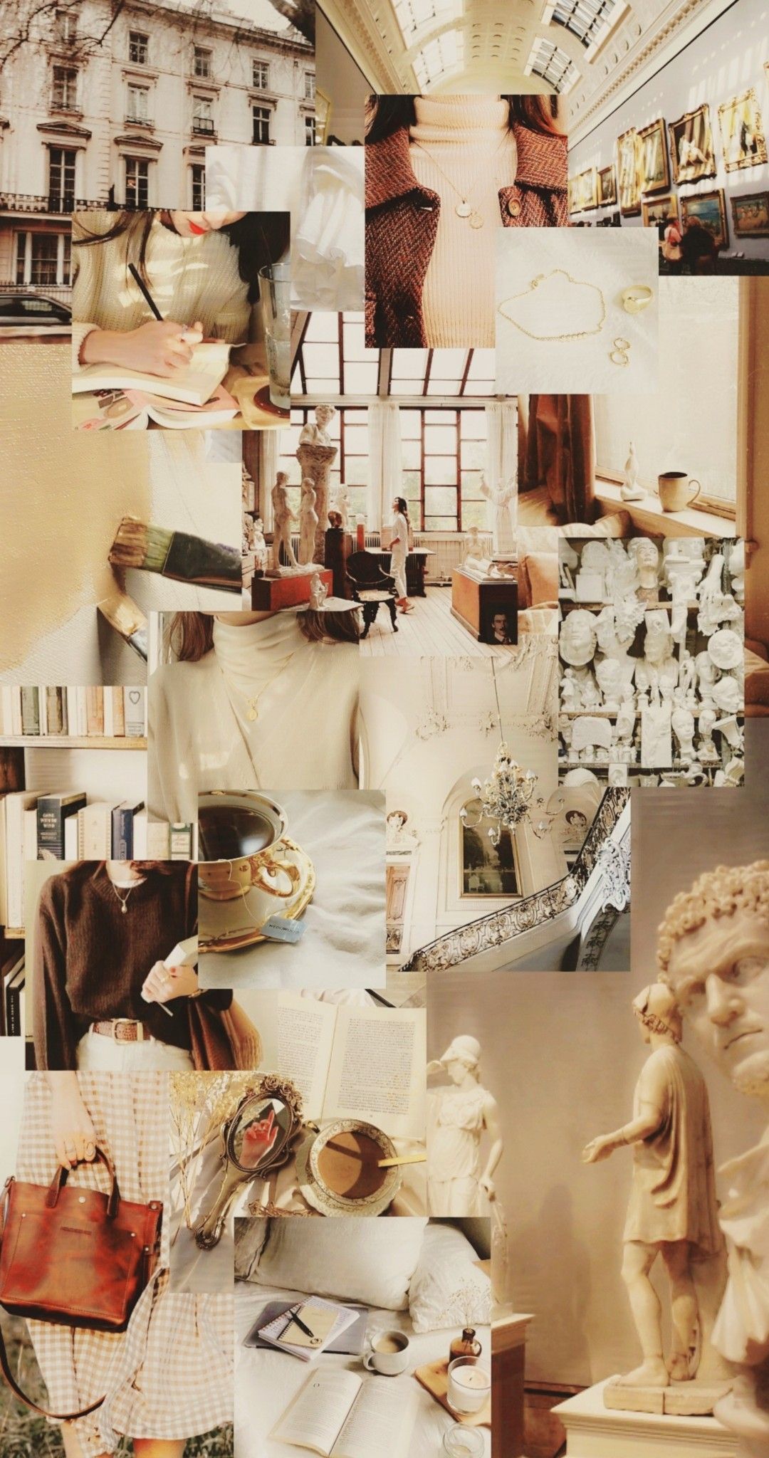 A collage of pictures with different items in them - Light academia