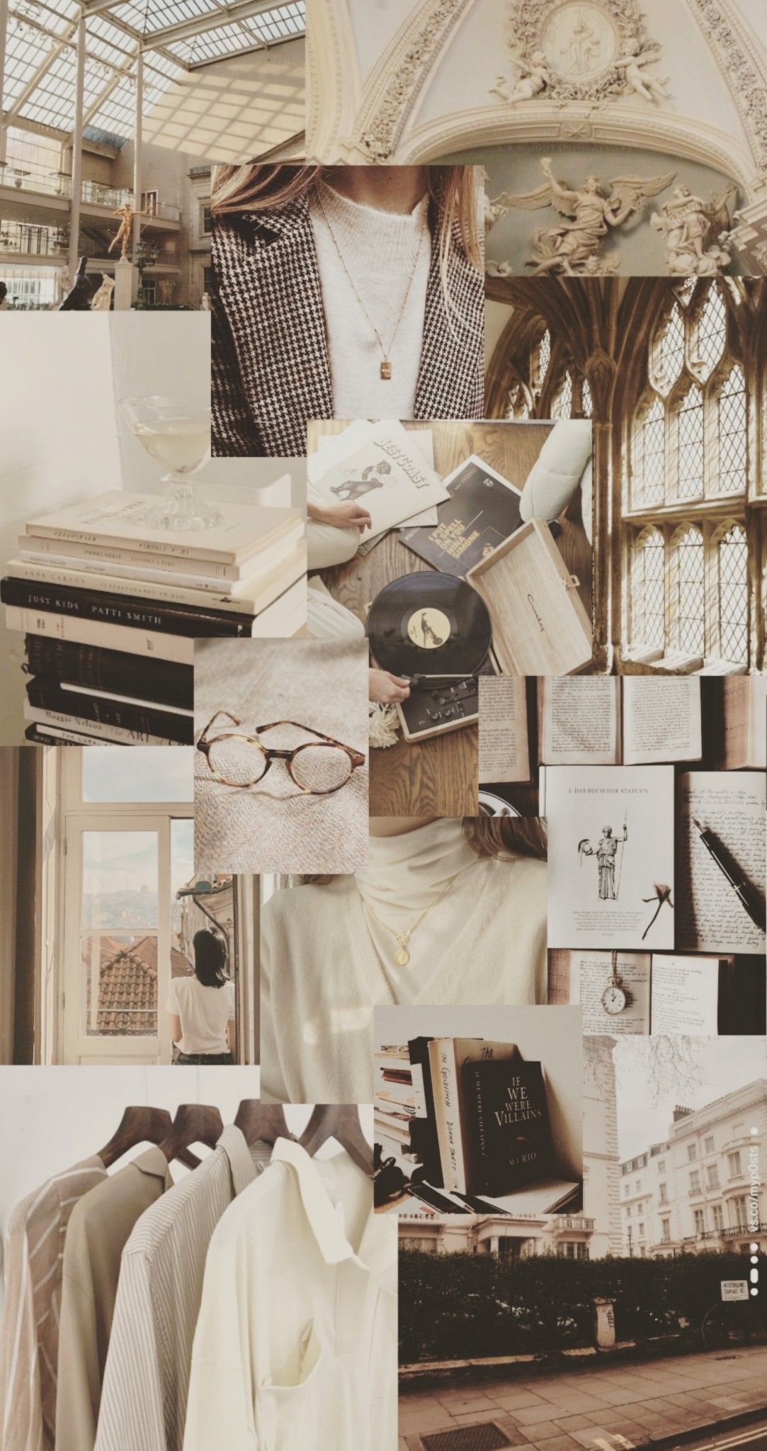 Aesthetic collage of white and black images of a woman, books, and other items. - Light academia