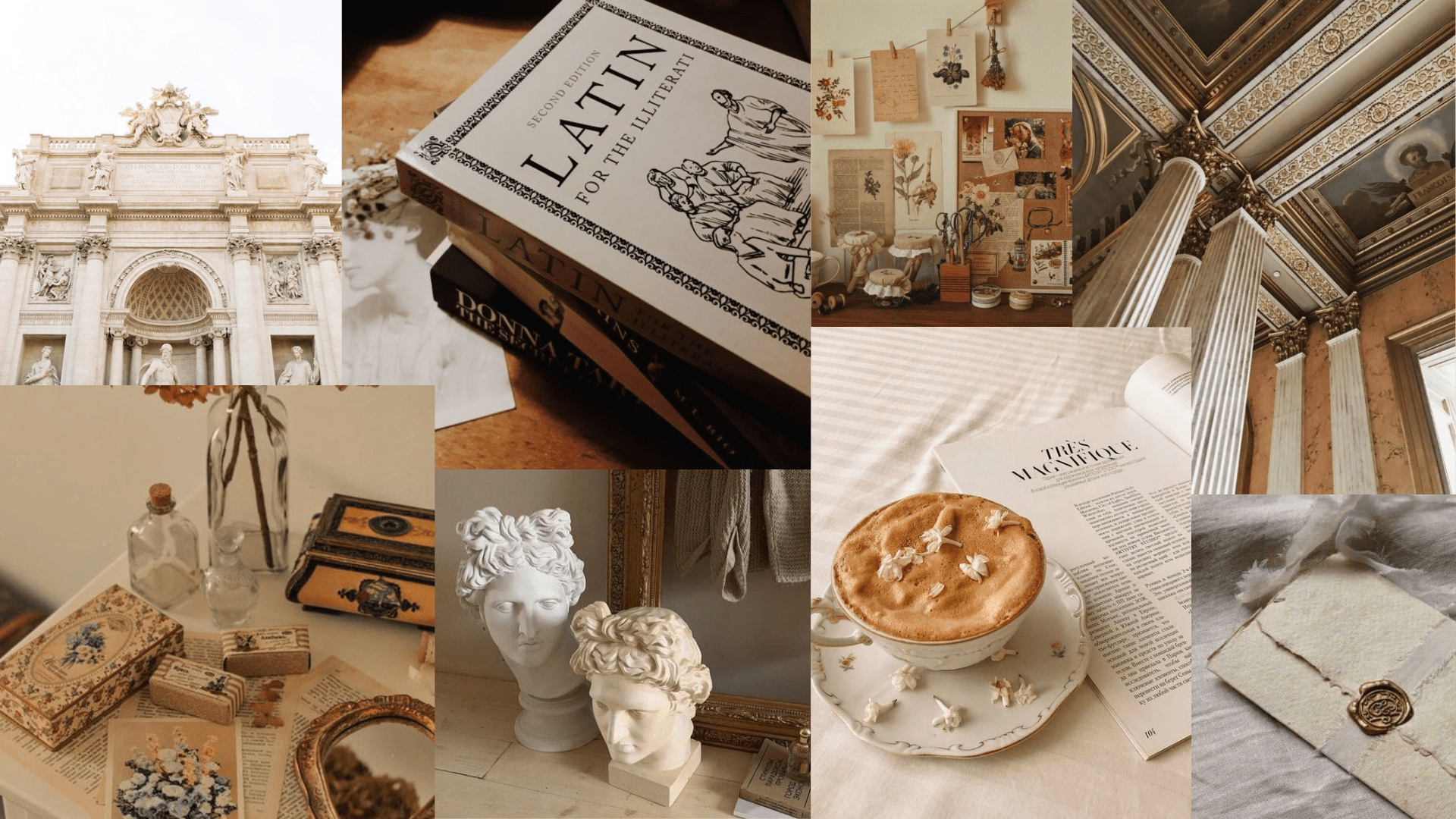 A collage of images of books, a coffee cup, a statue, and a building. - Light academia