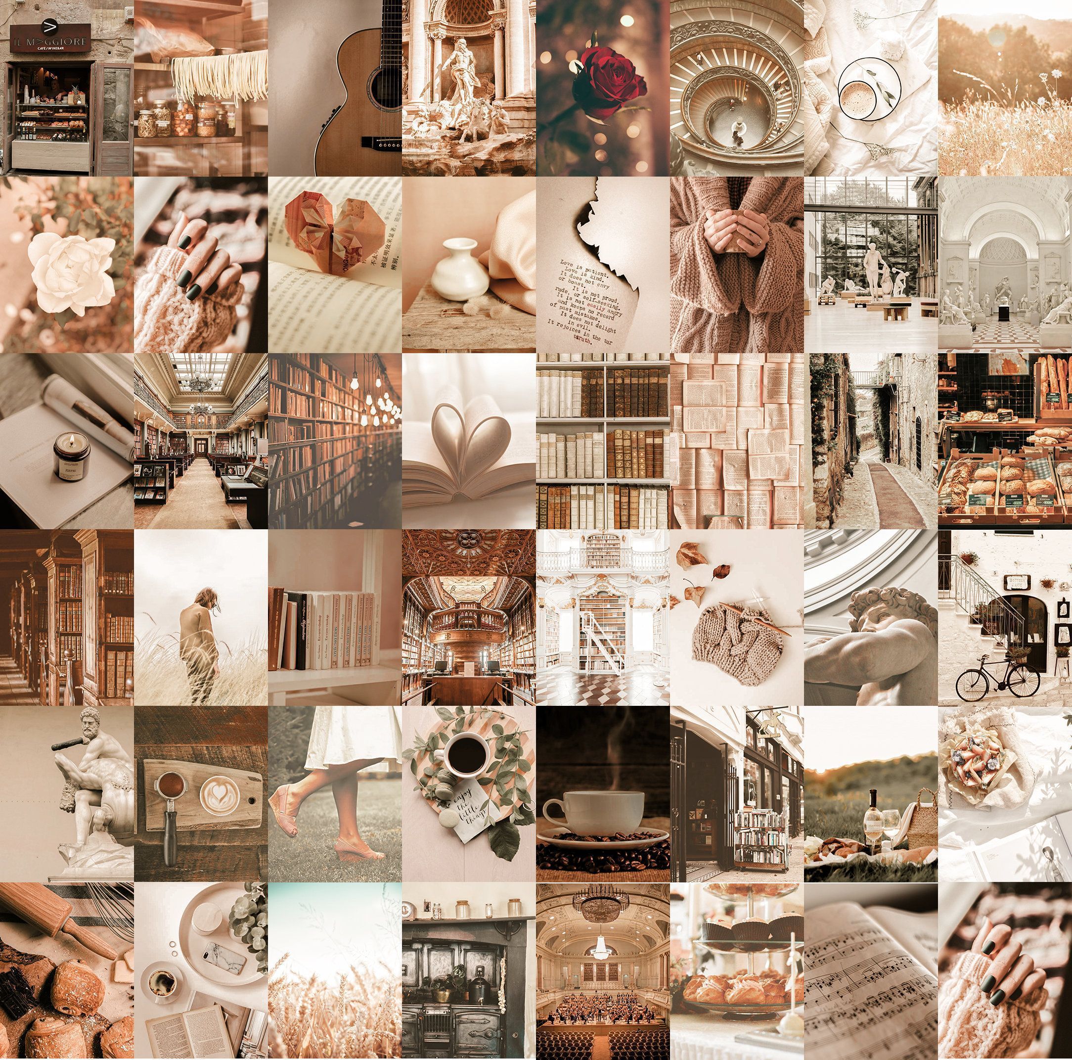 Aesthetic collage of photos in brown and white tones - Light academia