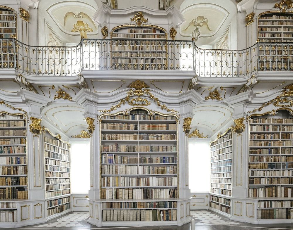 A library with white walls and gold details. - Light academia, library
