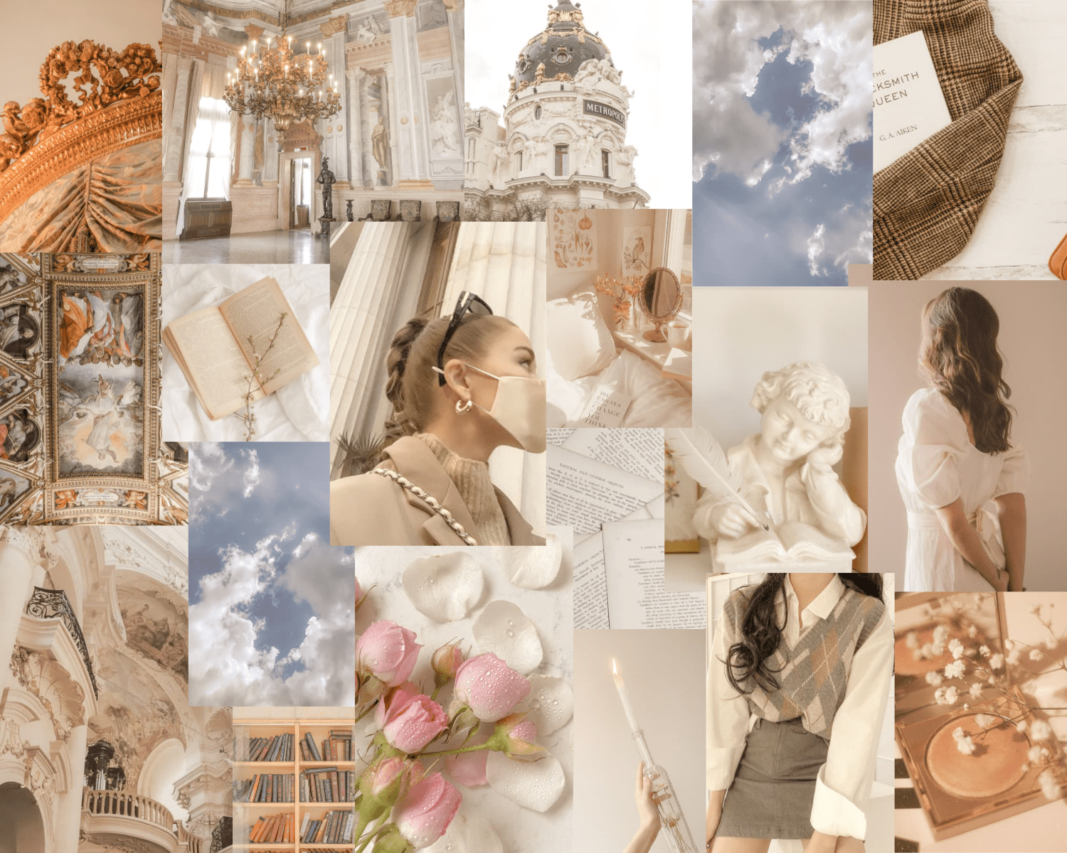 A collage of photos of a woman reading books, a city, flowers, and other things. - Light academia