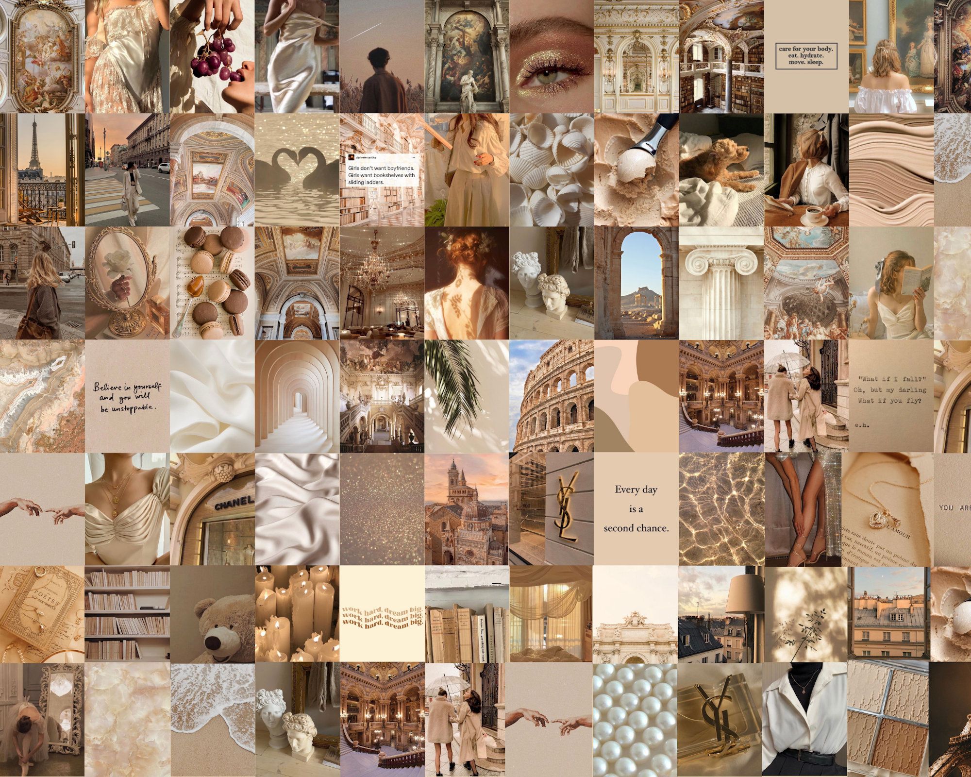 Aesthetic collage of photos in beige and white tones - Light academia