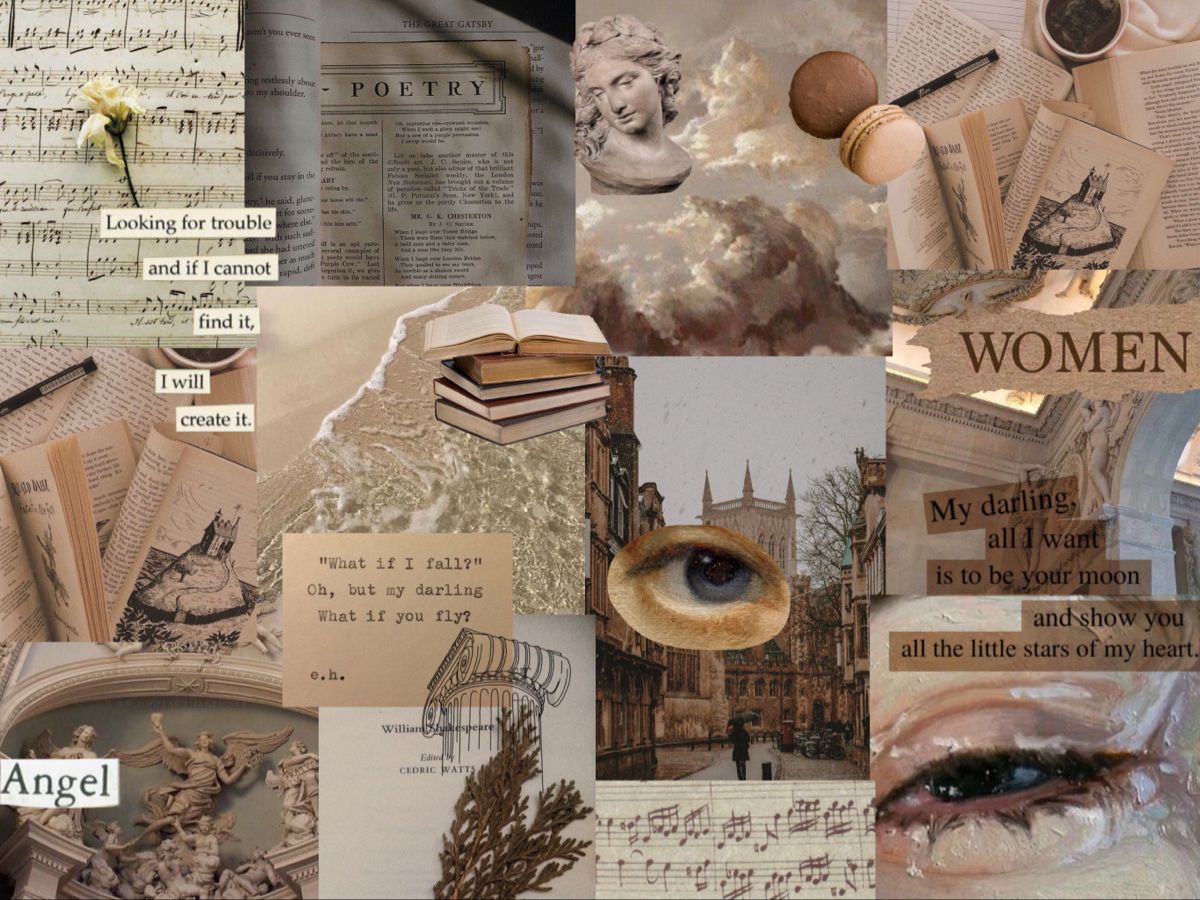 A collage of photos with a beige aesthetic. - Light academia