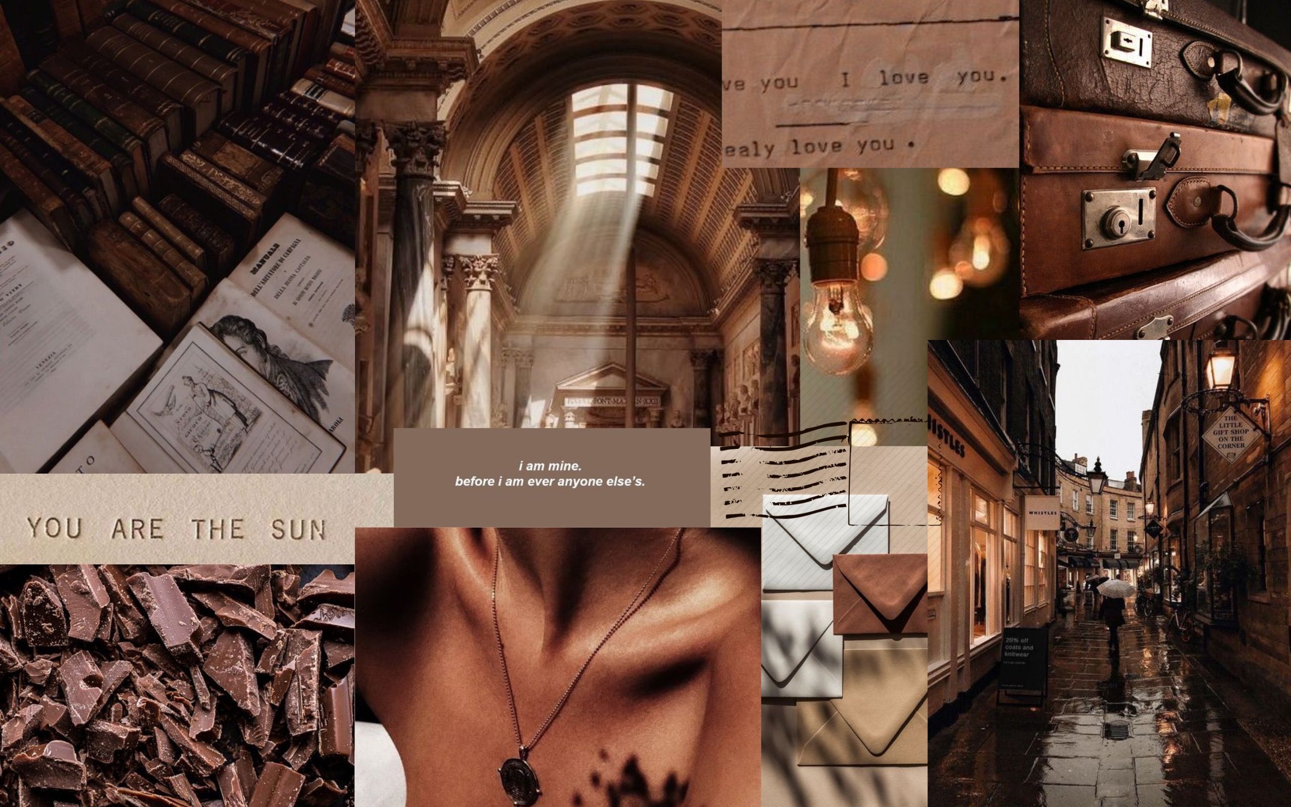 A collage of photos including books, a necklace, a lightbulb, and a brown aesthetic. - Light academia, dark academia