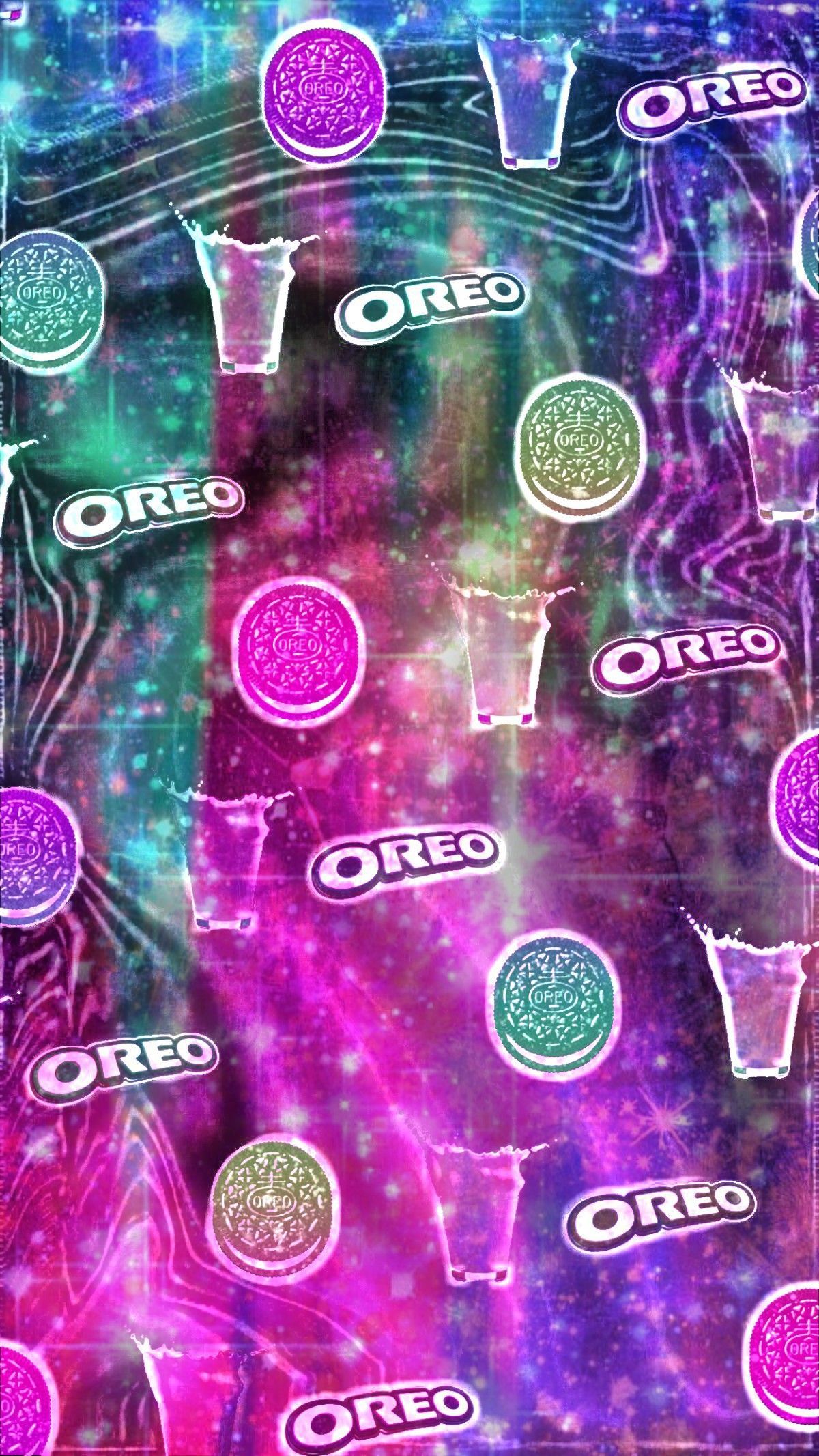 A psychedelic background with various food items - Oreo