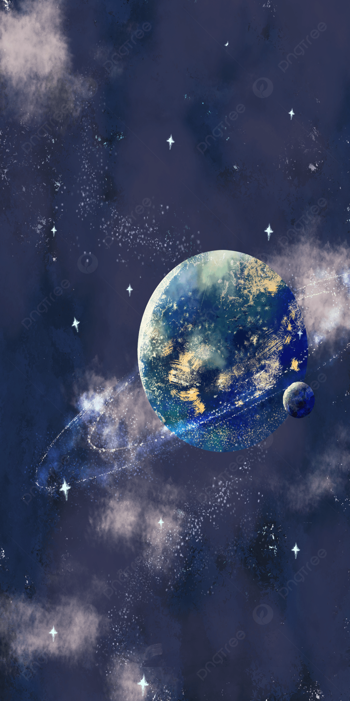 Blue Planet Watercolor Cosmic Mobile Phone Wallpaper Background, Constellation, Clouds, Star Background Image for Free Download