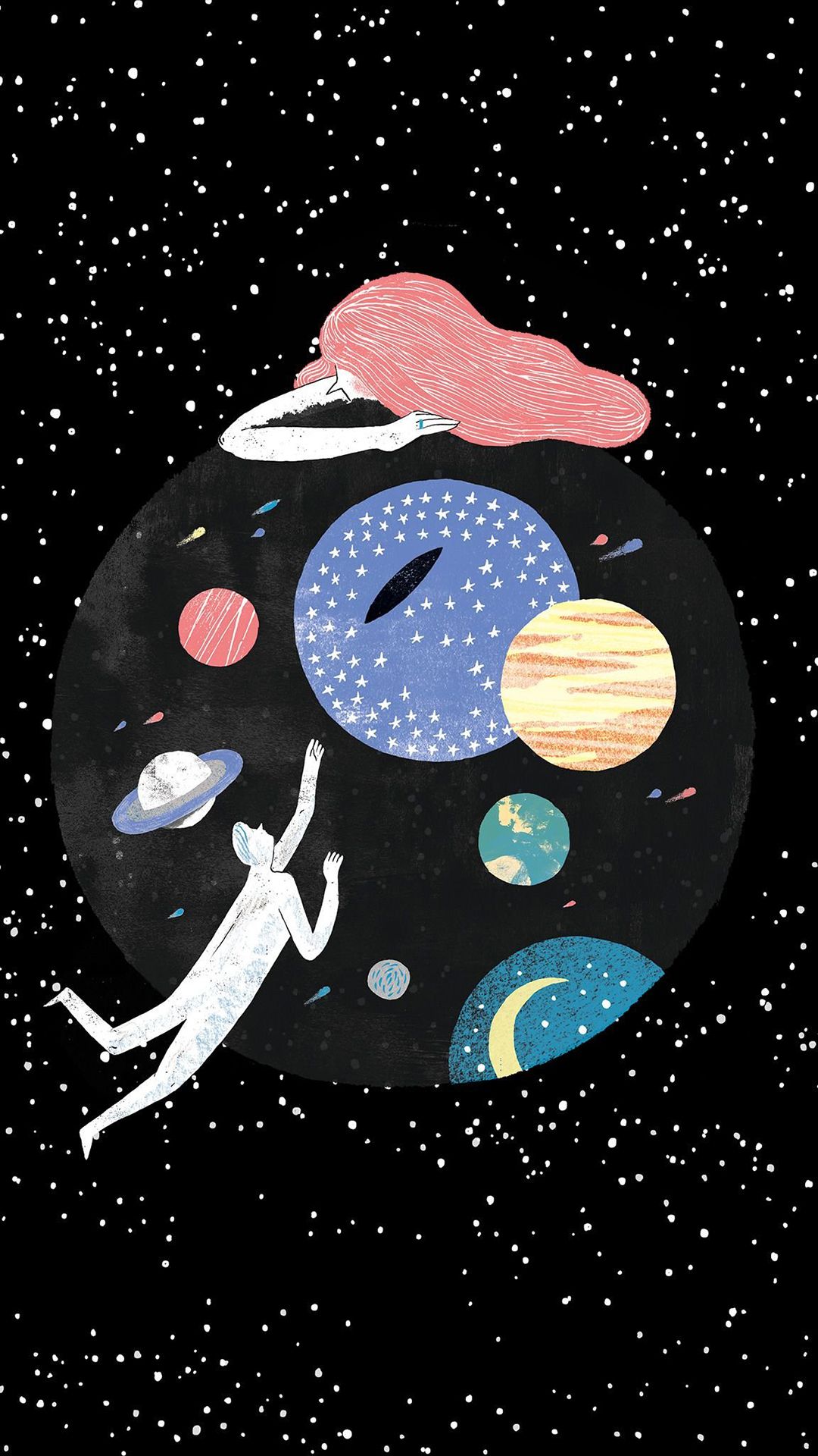 A man is floating in space with the planets - Planet