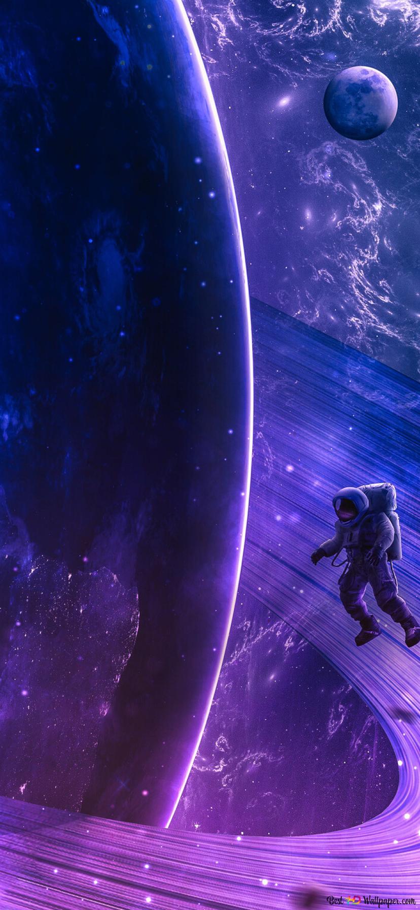 Astronaut wandering on planetary ring 2K wallpaper download