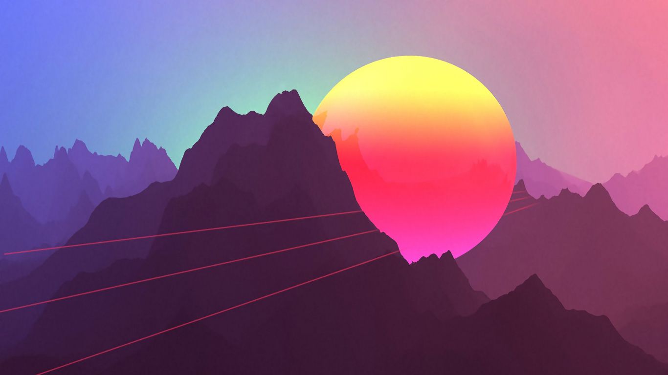 A sunset over mountains with colorful rays - 1366x768