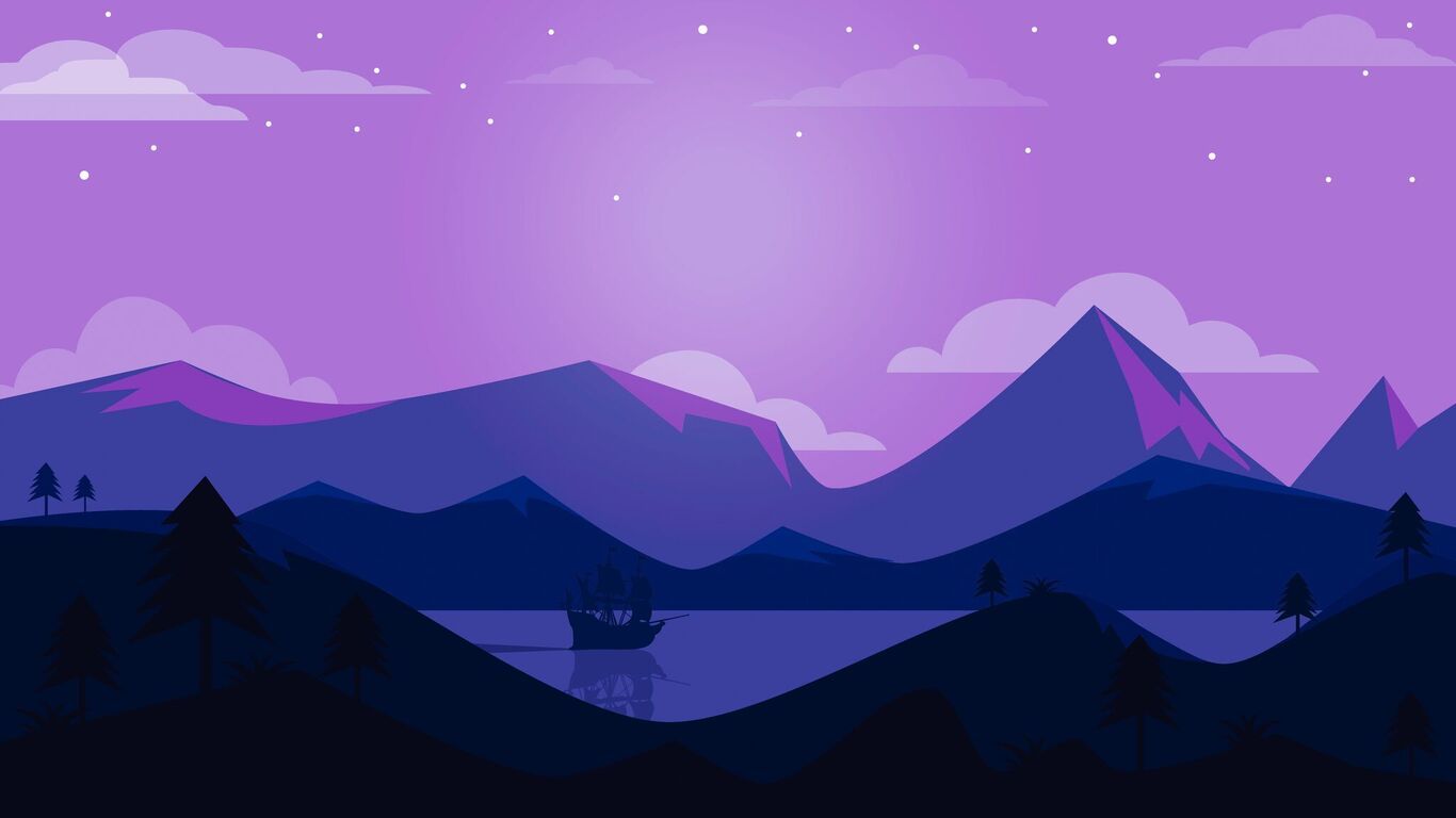 A purple and blue night time landscape with mountains, trees, and a ship on the water. - 1366x768