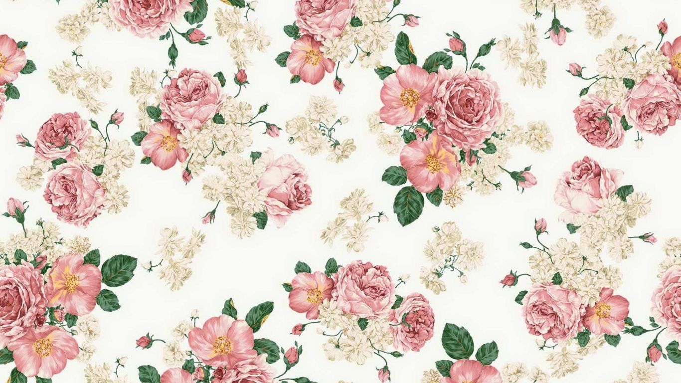 A floral pattern with pink roses and green leaves - 1366x768