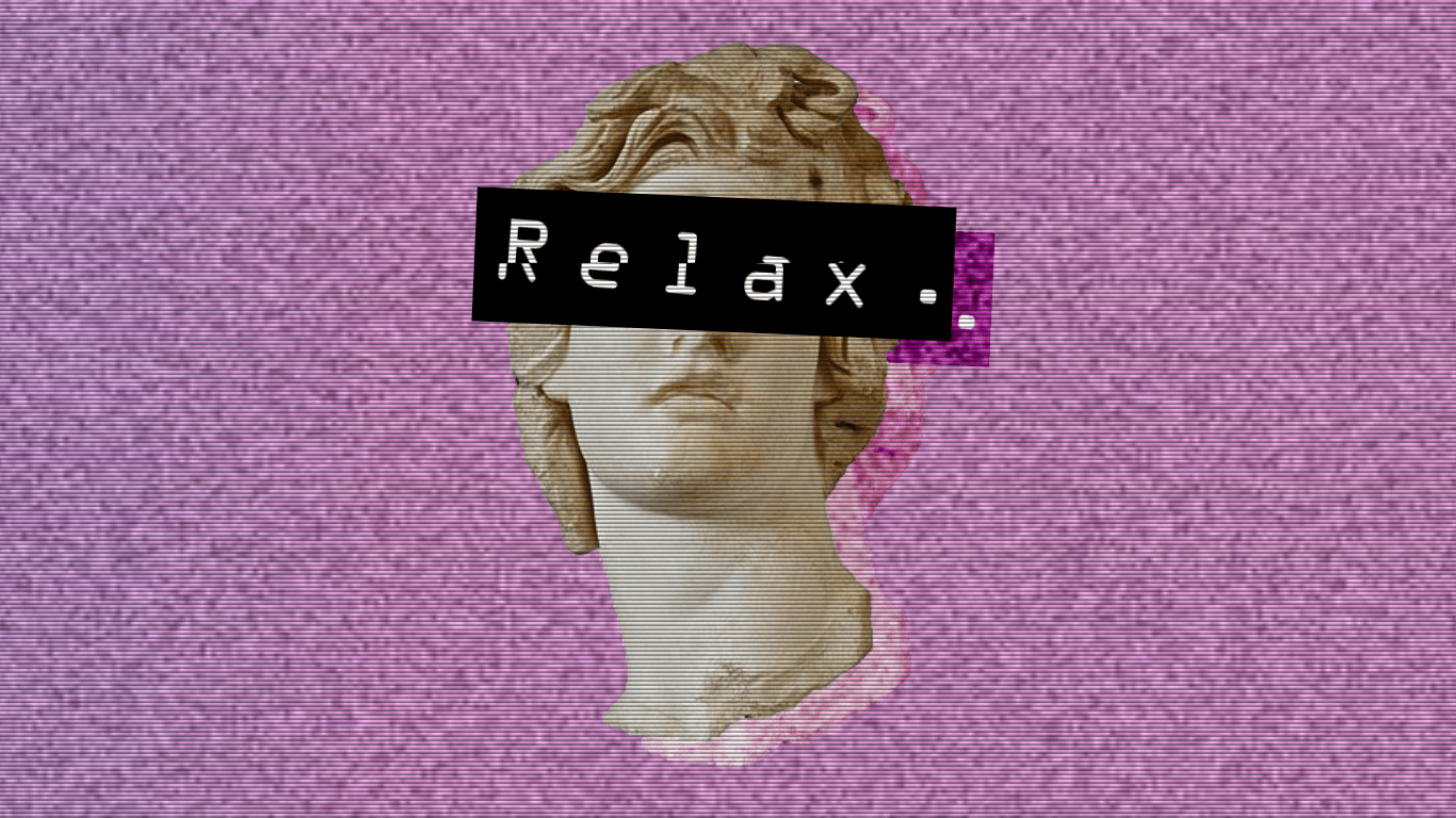 A pink and purple graphic with a distorted statue of a woman's face and the word 