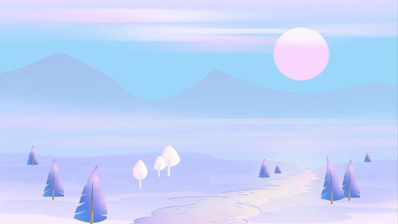 A cartoon of snowy mountains and trees - 1366x768