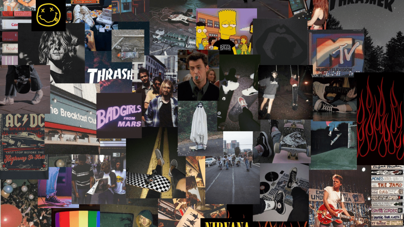 A collage of different pop culture references - 1366x768, music