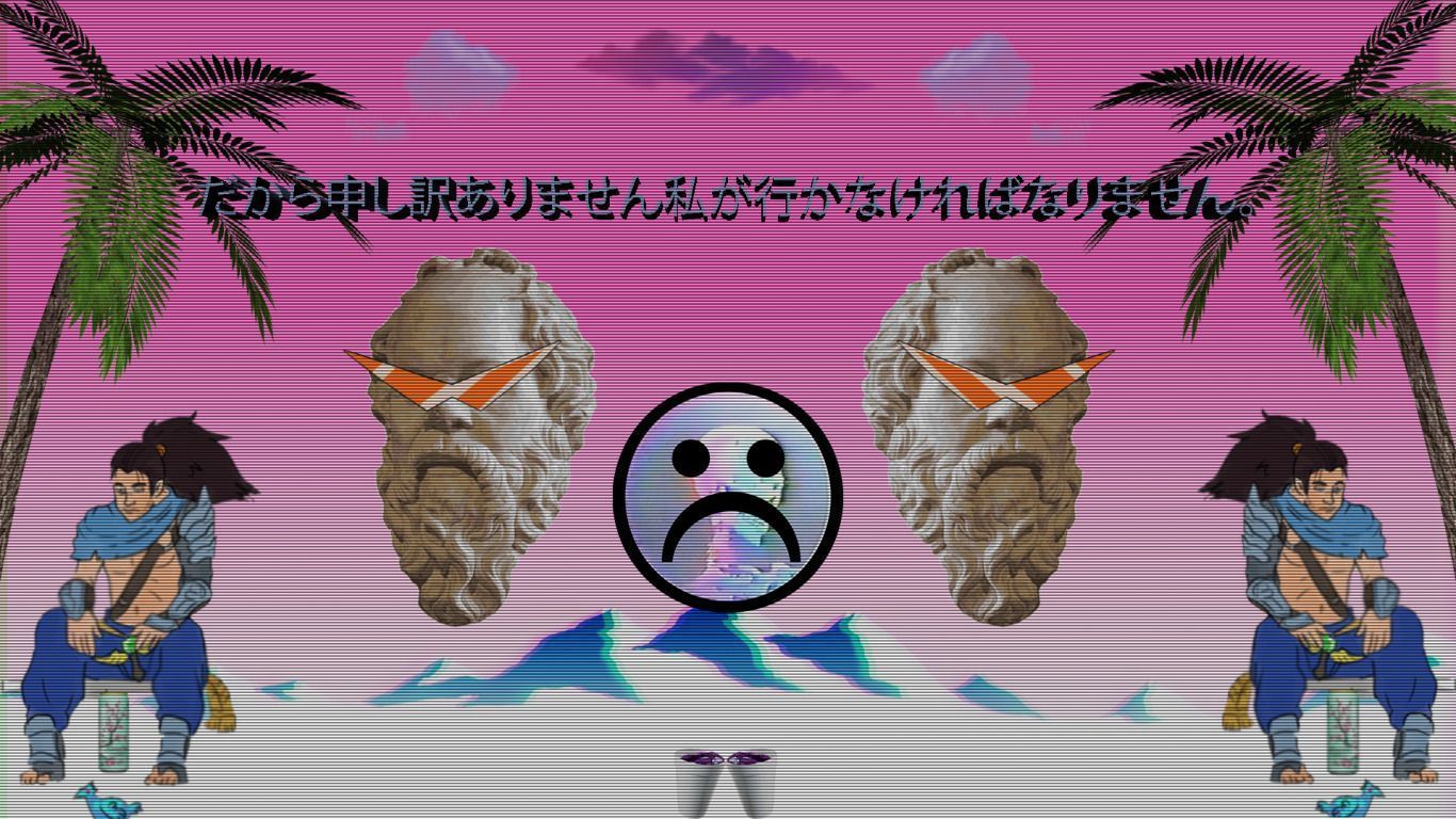 A pink and purple vaporwave wallpaper with a sad face in the center - 1366x768