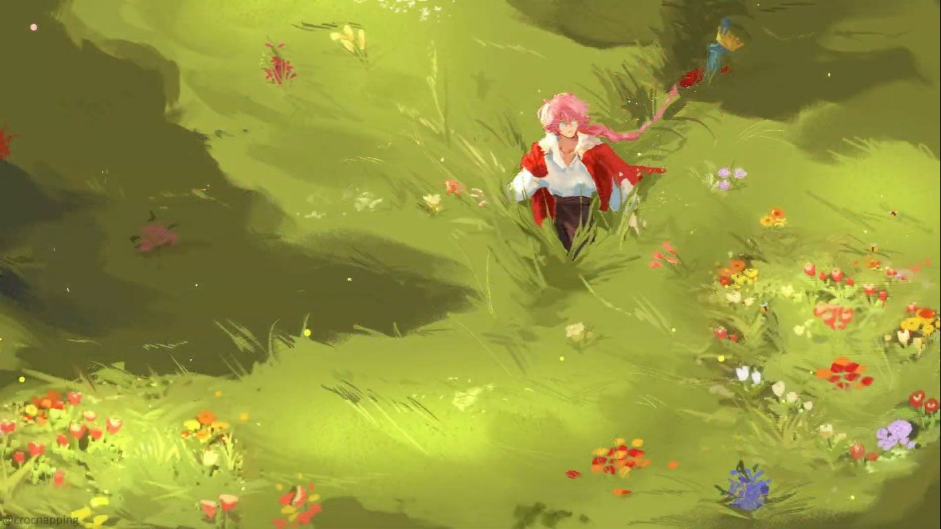 A painting of an animated character in the grass - 1366x768