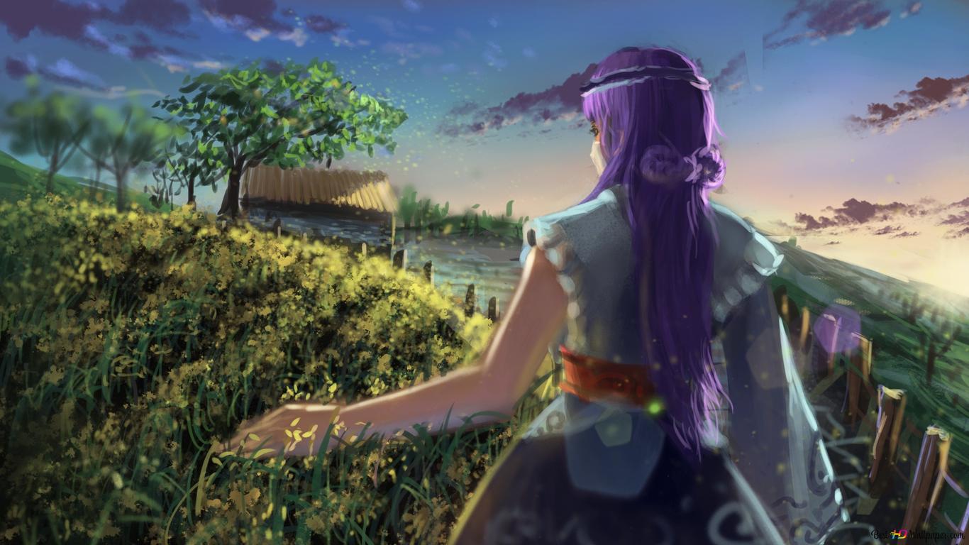 A purple haired girl in a dress looks out over a field - 1366x768