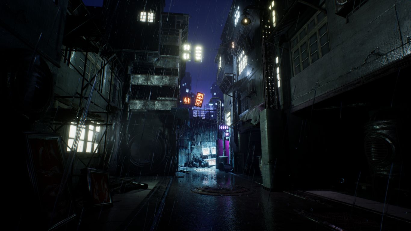 A dark, wet street at night in a cyberpunk city - 1366x768