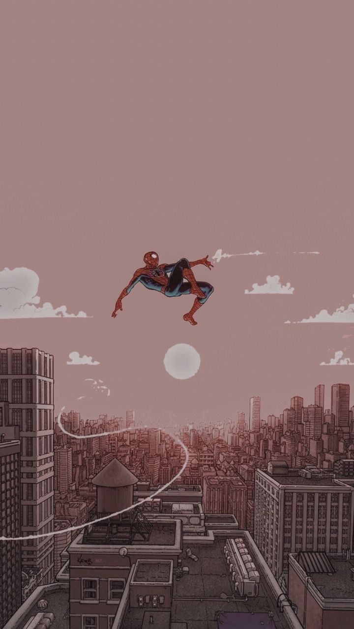 IPhone wallpaper of spiderman swinging through the city - Marvel