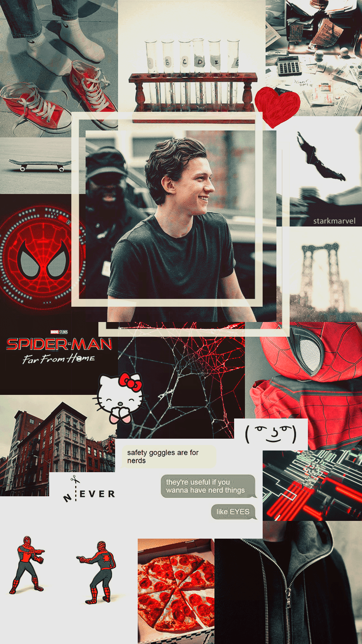 A Spiderman collage with Tom Holland, red and black aesthetic, and Spiderman quotes. - Tom Holland