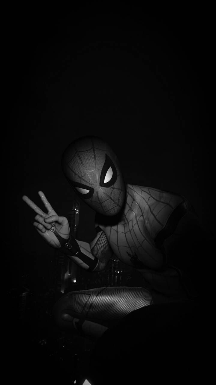 Spiderman in black and white showing a peace sign - 