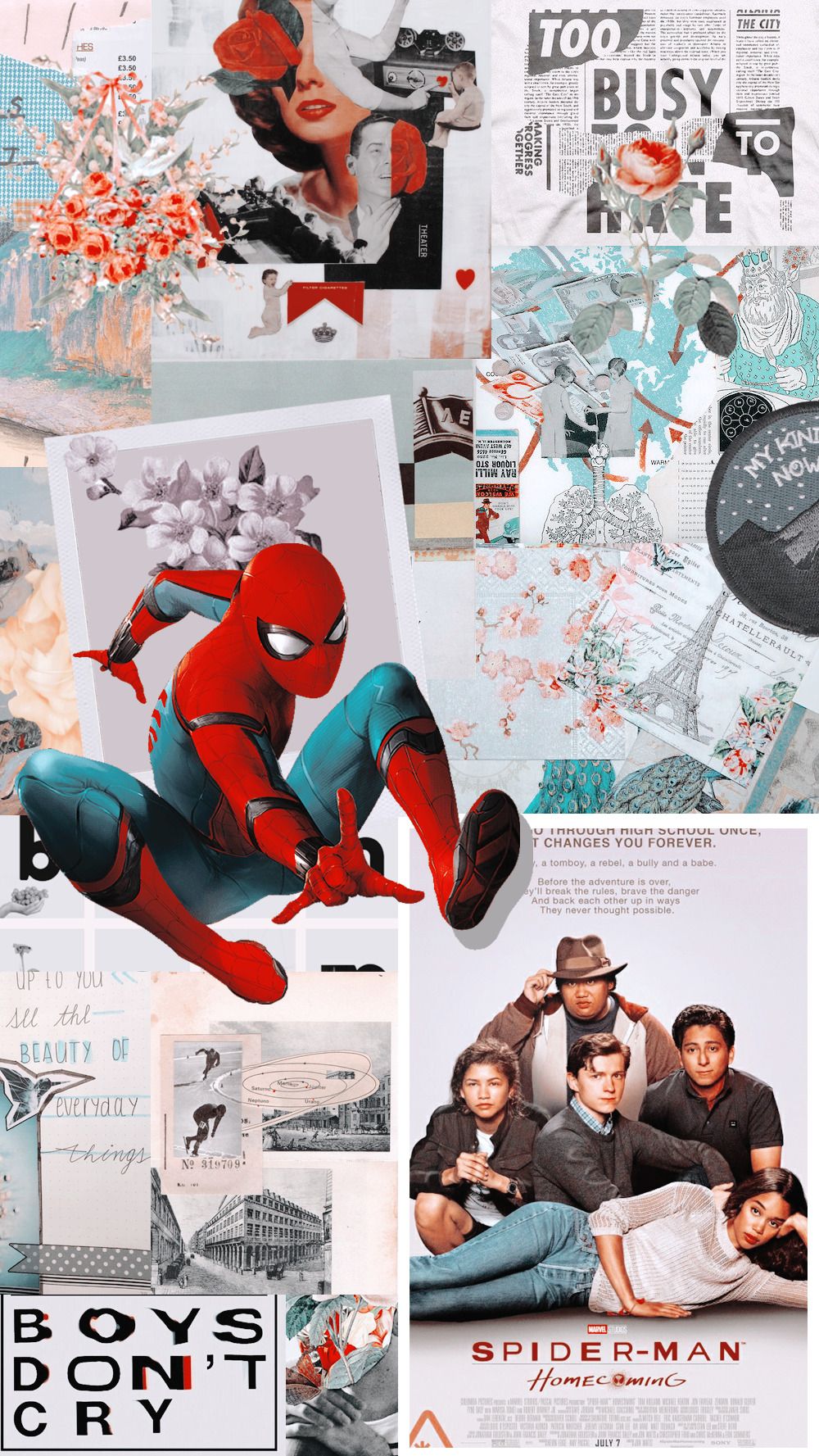 Collage of Spiderman images with a teal and red theme - 