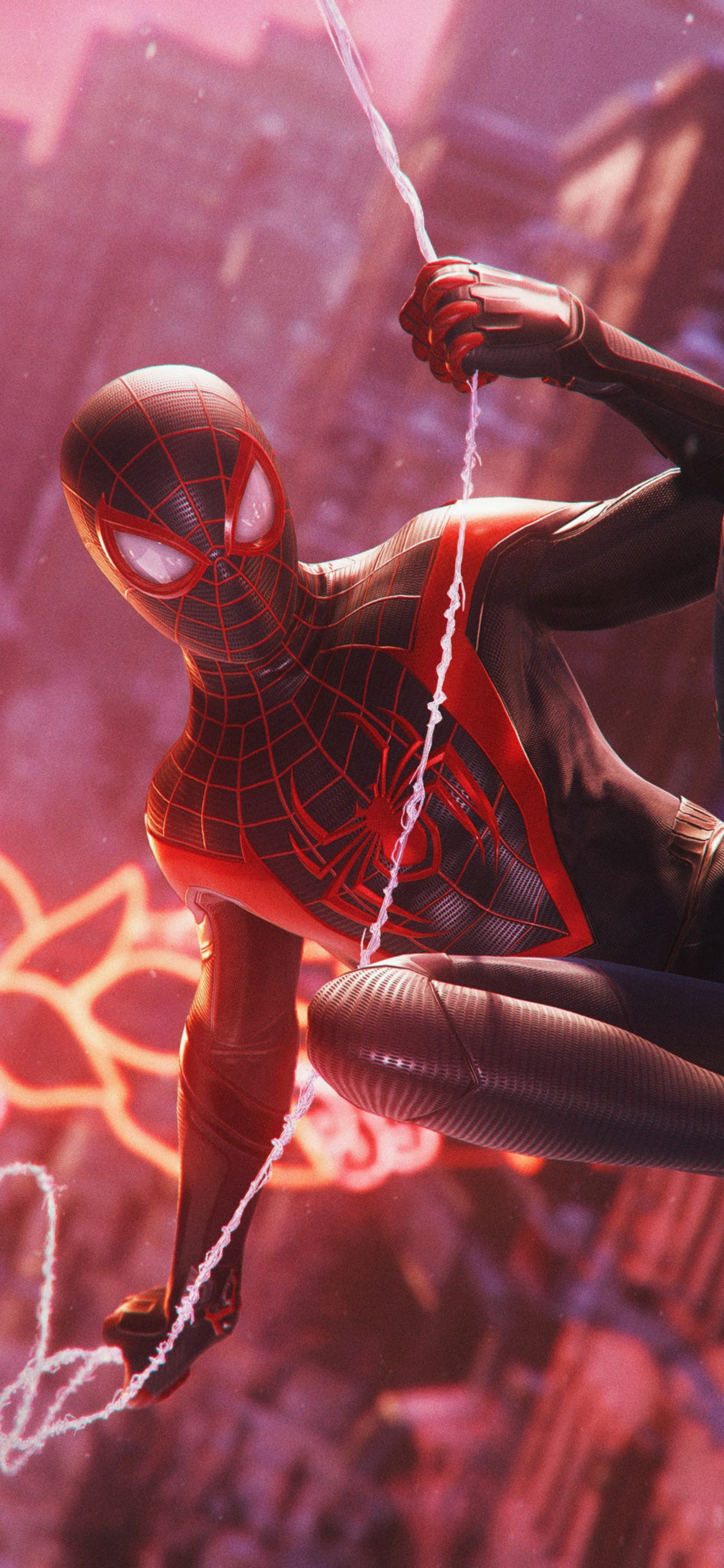 Spiderman Miles Morales swinging on a web in the air - 