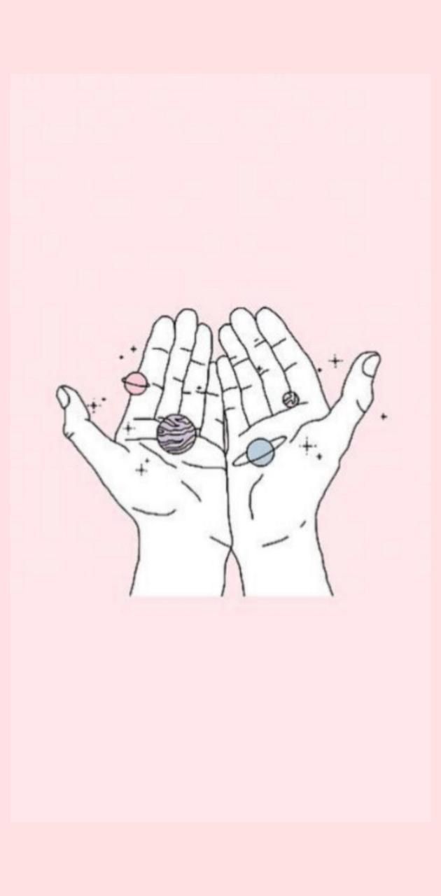Pink background, hands holding planets, universe, space - Hand drawn