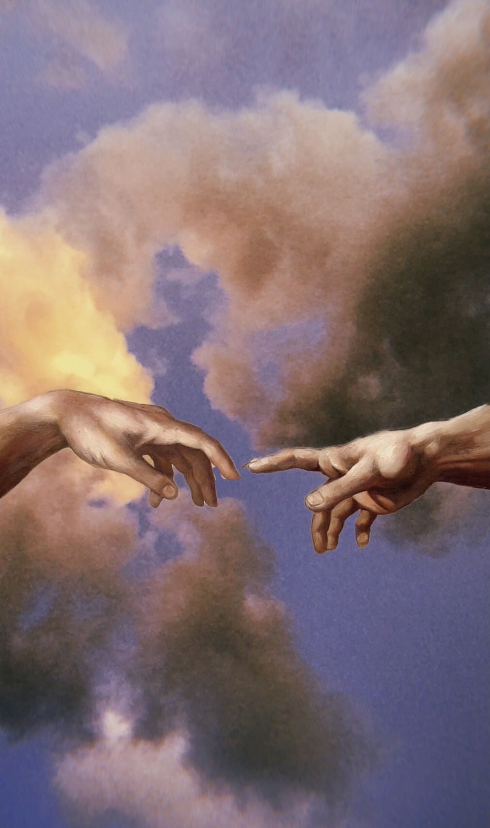 A painting of two hands reaching out to each other in front of a cloudy sky - 