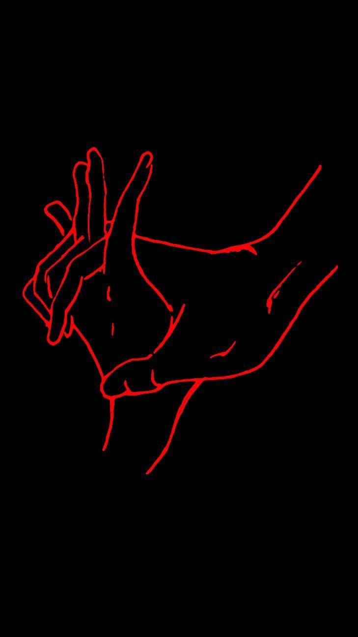 A red drawing of two hands holding each other - 