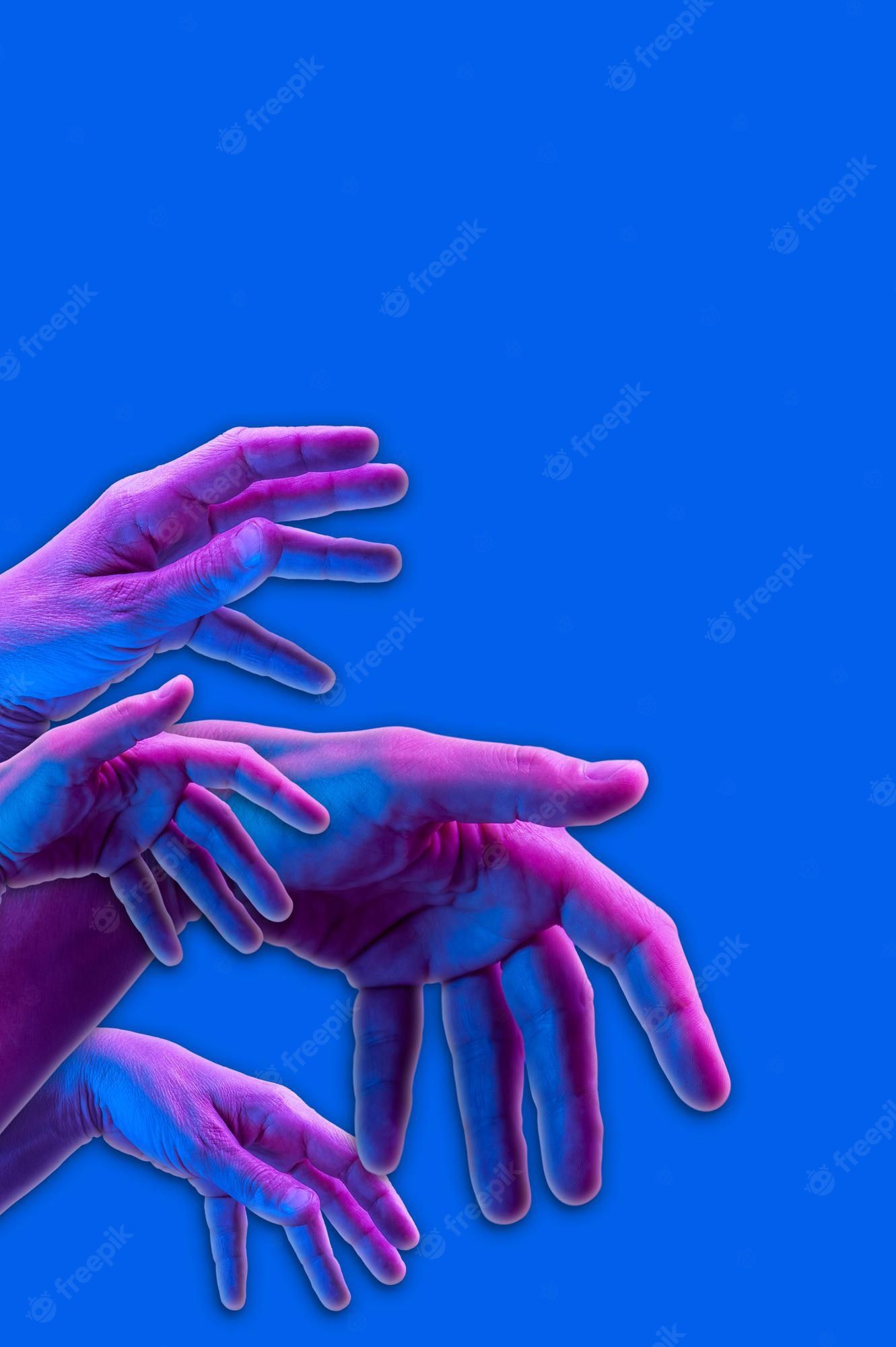Premium Photo. Hands in a surreal style in violet blue neon colors. modern psychedelic creative element with human palm for posters, banners, wallpaper. copy space for text. magazine style. pop