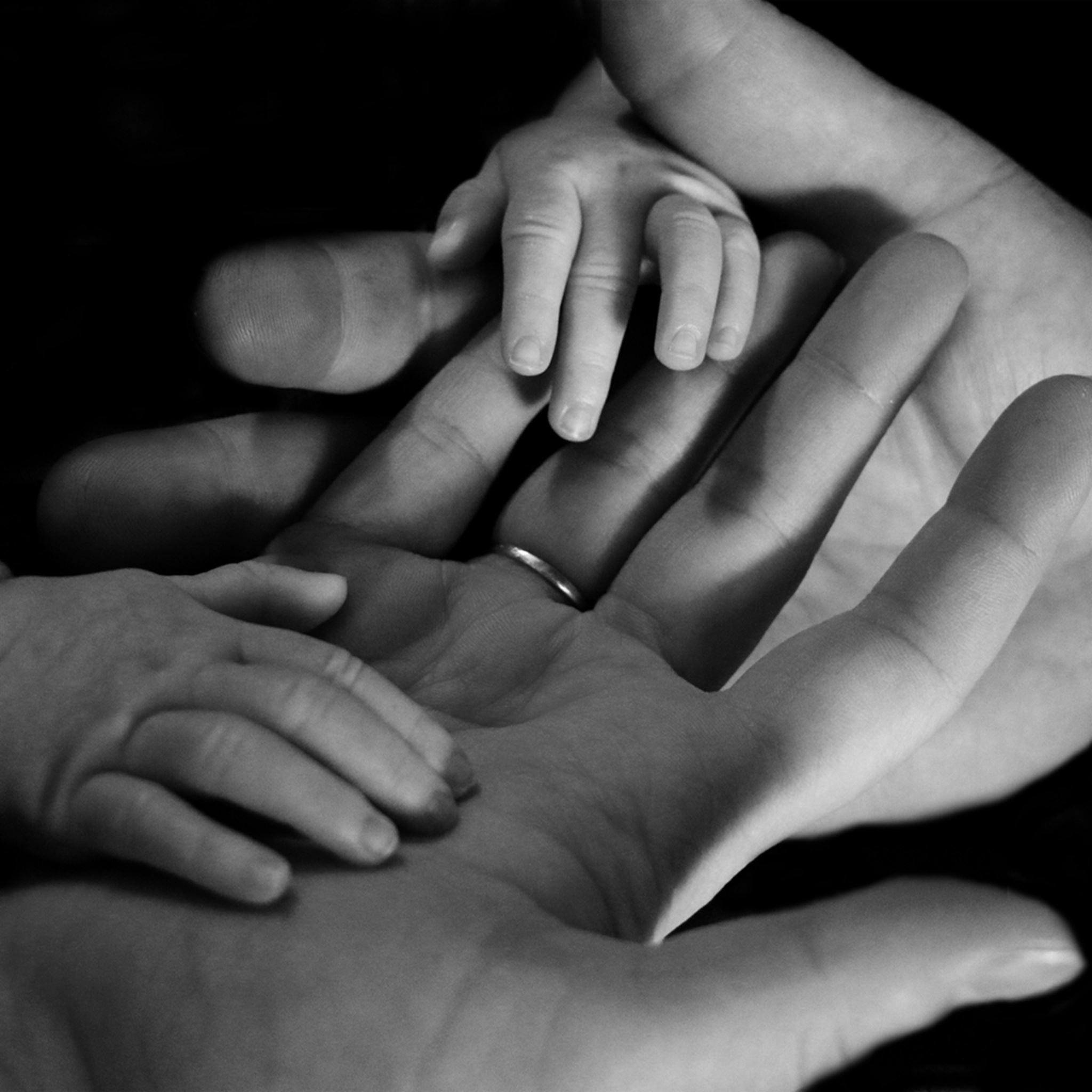 A black and white photo of two hands holding baby fingers - 