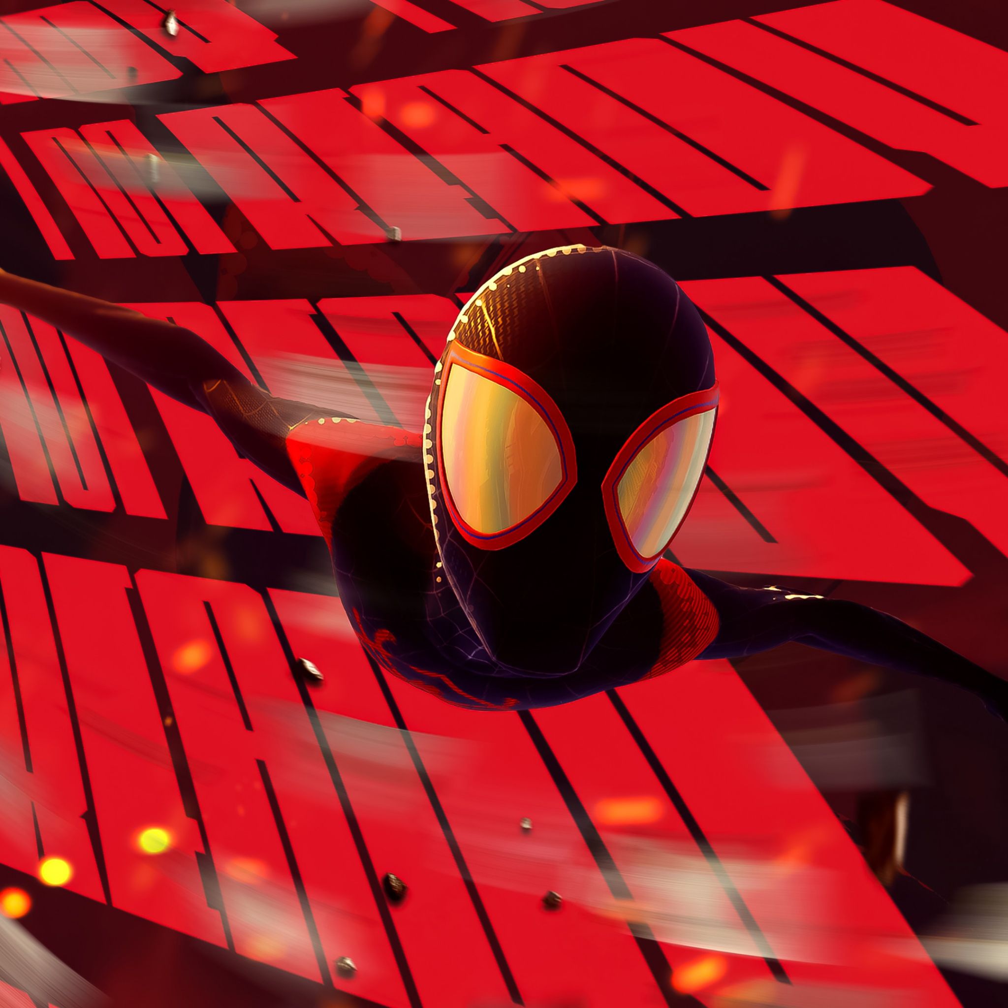 Miles Morales swinging through the city in his Spider-Man suit - 