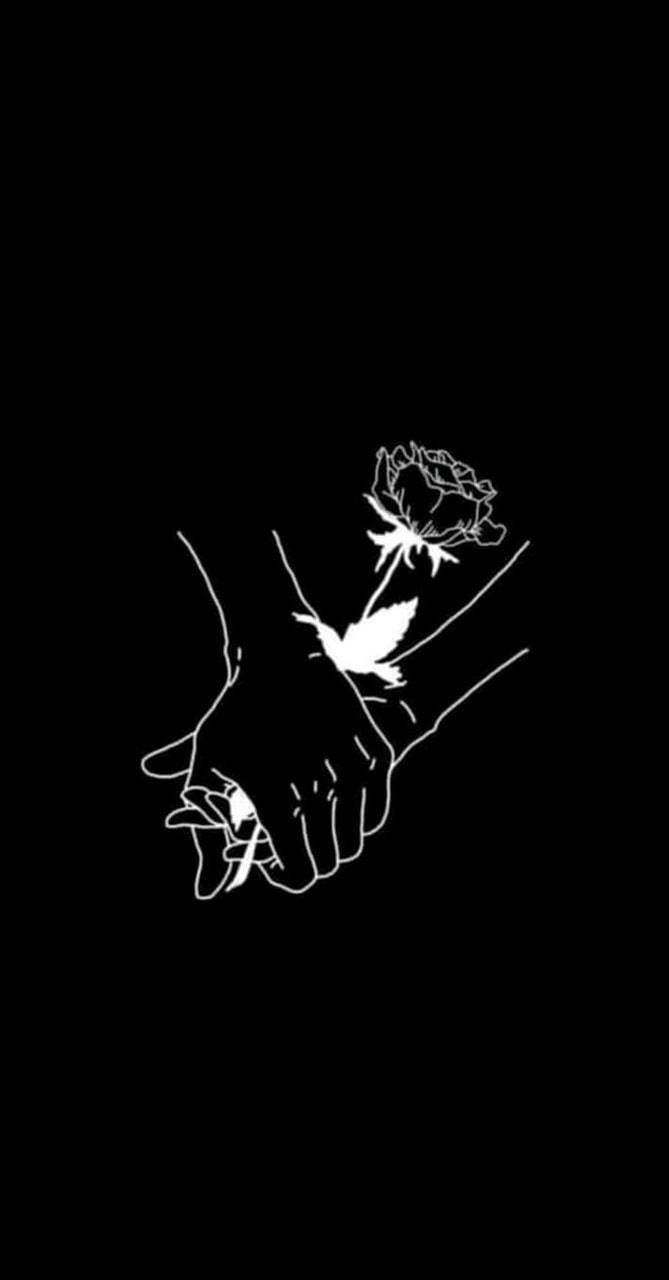 A black and white drawing of two hands holding flowers - 
