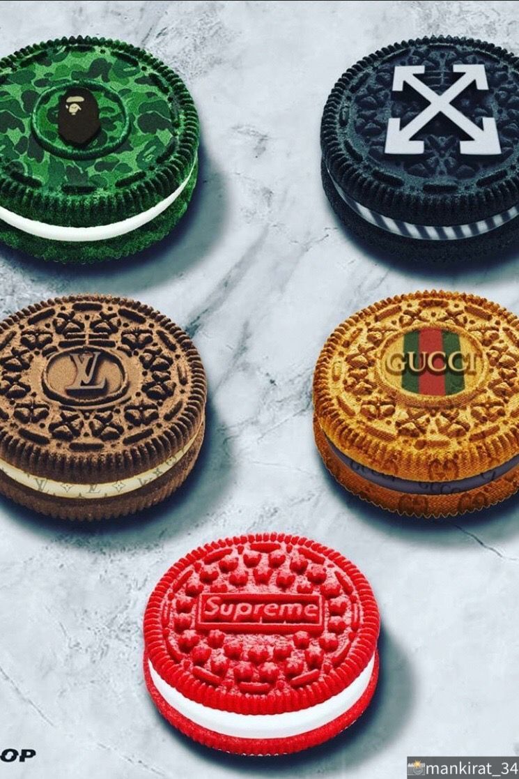 A picture of five different colored oreos with the gucci and supreme logos on them - Oreo