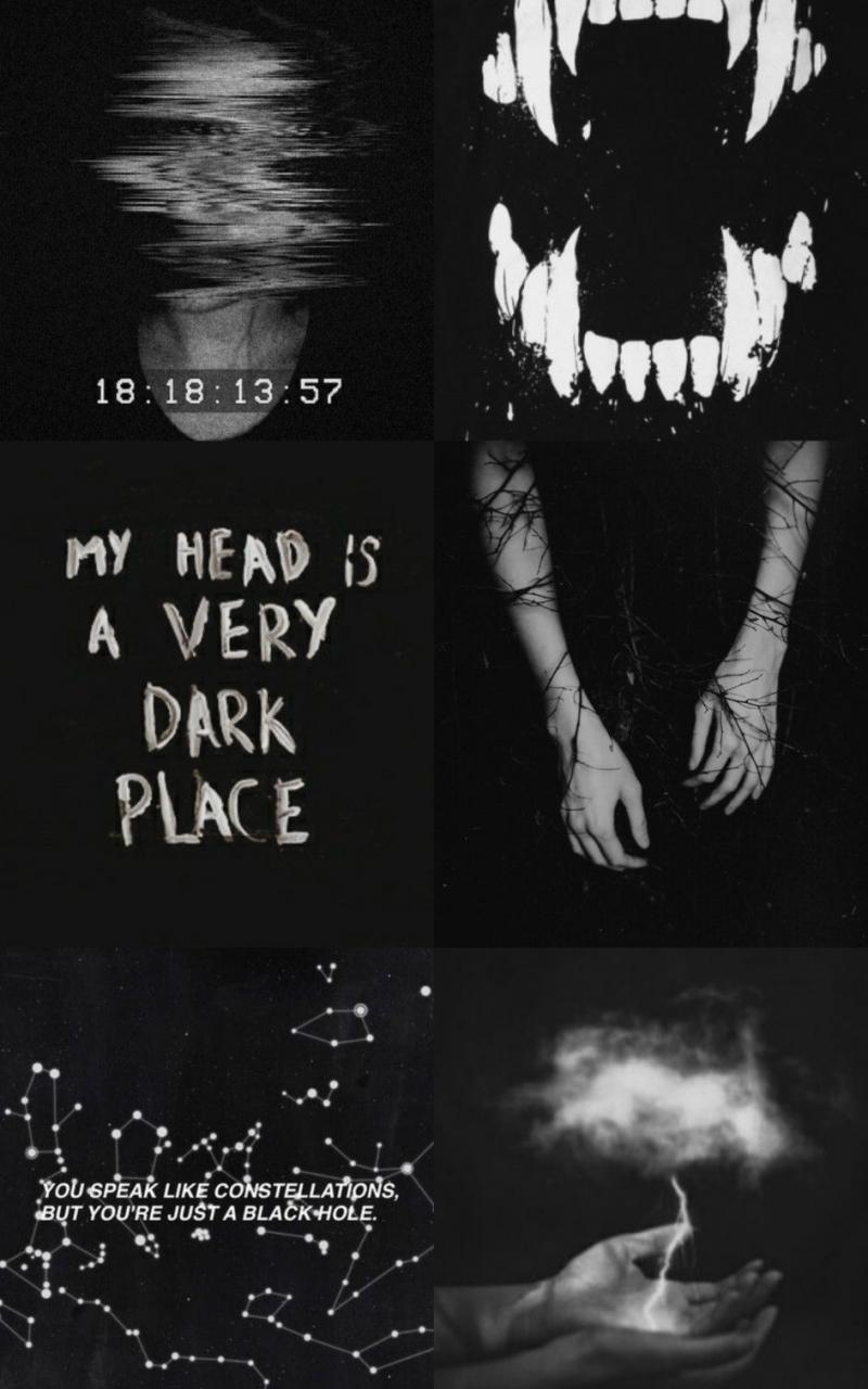 A collage of pictures with the words my head is very dark place - Black