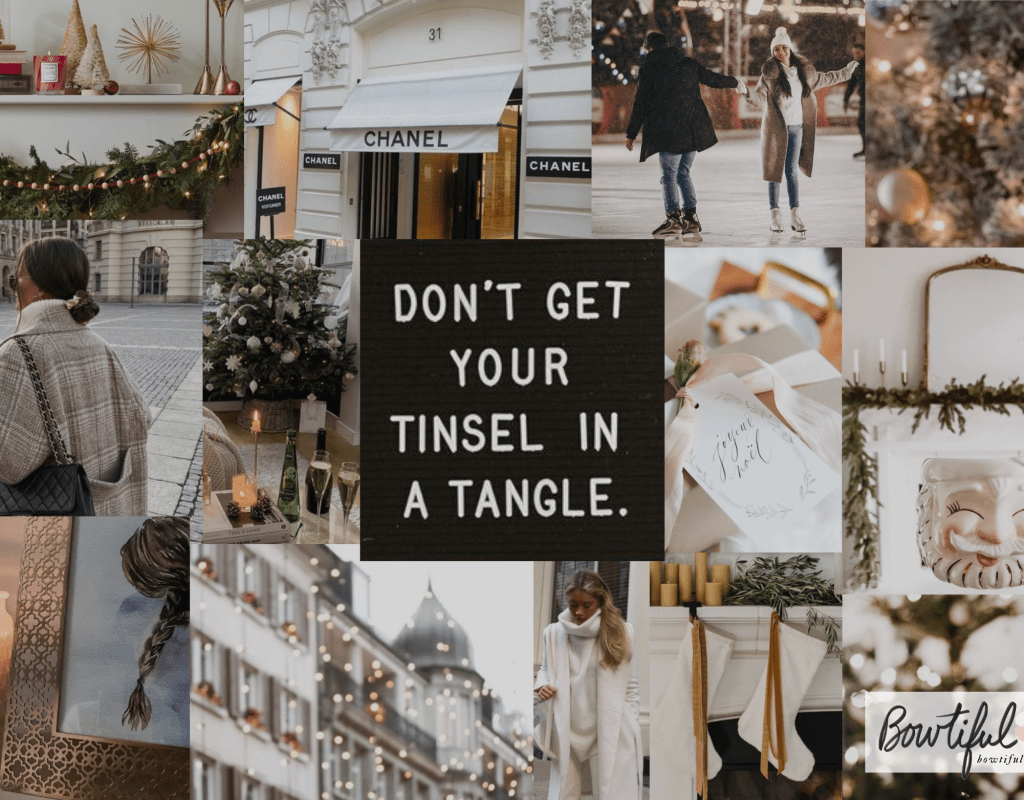 A collage of photos of Christmas decorations and people shopping with the words 